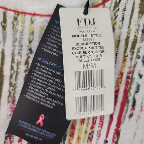 FDJ French Dressing Exotica Print Tee M White Multicolor Short Sleeve Sparkle Ne - Picture 5 of 13